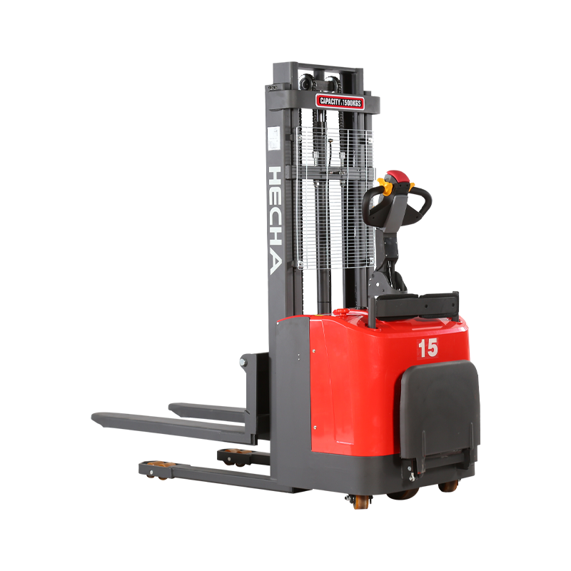 Electric pallet stacker with rider platform lifting a loaded pallet